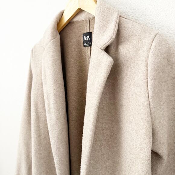 ZARA | Tan Beige Overcoat Open-Front Long Line Jacket Coat Trench Length | Large - Picture 6 of 10